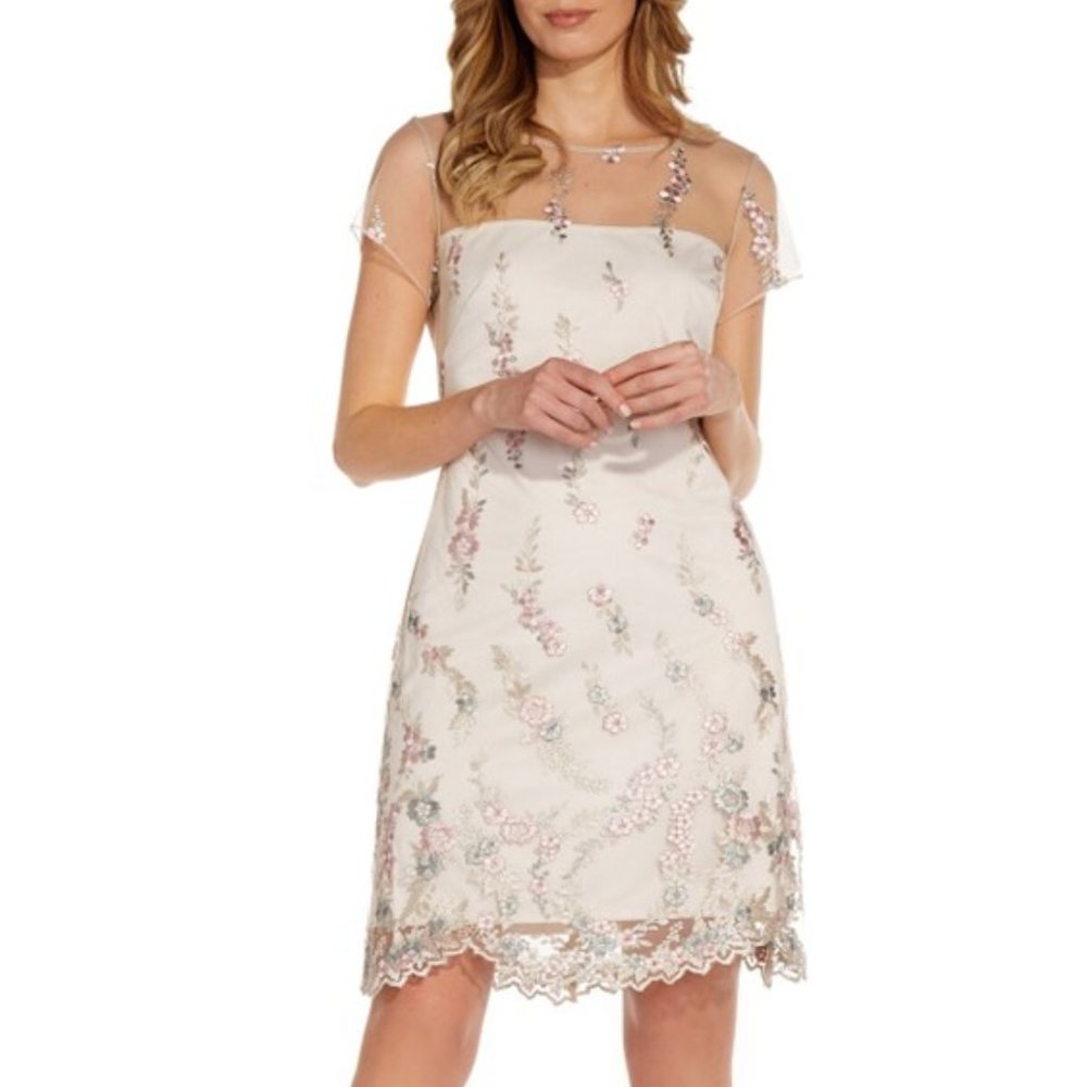 Adrianna Papell  Floral Embroidery Illusion Lace Shift Dress  NWT  size 14